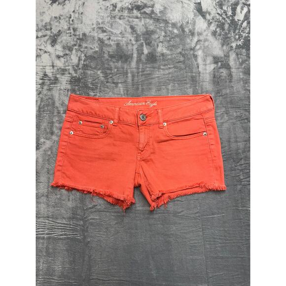 American Eagle Stretch Cut-Off Jean Shorts Women's Sz 6 Orange Red - Picture 1 of 7